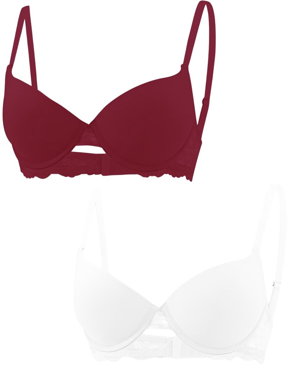 Currero BH Zonder Beugel - Strapless - Zonder Bandjes - Met Voorsluiting - Push-up Bh's - Comfort Beha - Comfortabel - Grote Sluiting - Wit + Helderrood - Cupmaat