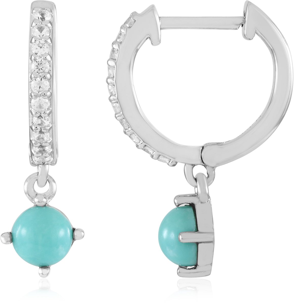Cavill - Zilveren Oorbellen 925 Sterling Platina Gecoat - Turkoois 1,27 ct & Zirkonia Pavé 0,28 ct - Ronde Cabochon - Elegant 22 mm