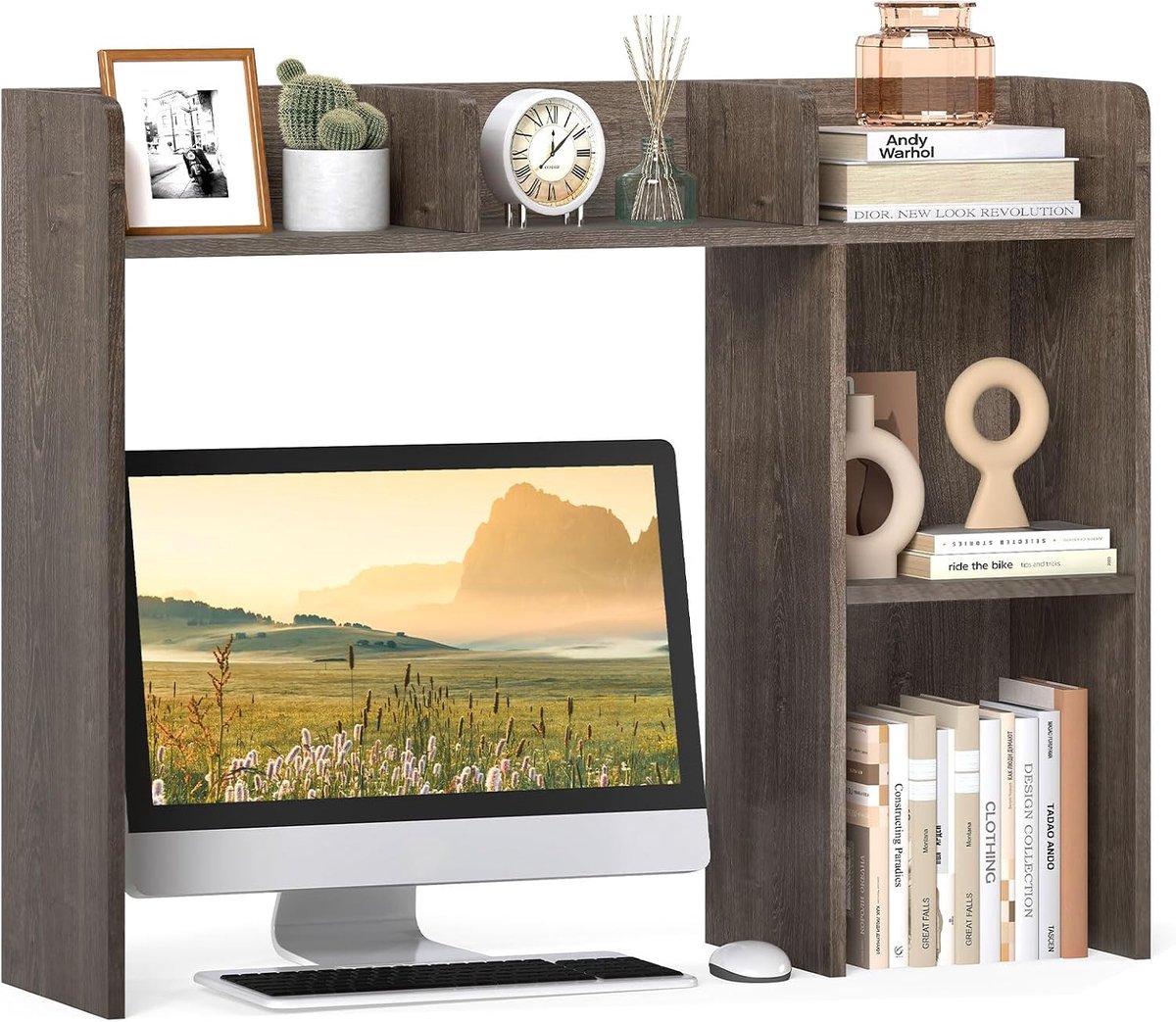 COSTWAY Bureaurek, tafelrek met 4 planken en open vak, opbergsysteem, multifunctionele tafelorganizer voor bureau, 94 x 25 x 74 cm (grijs)