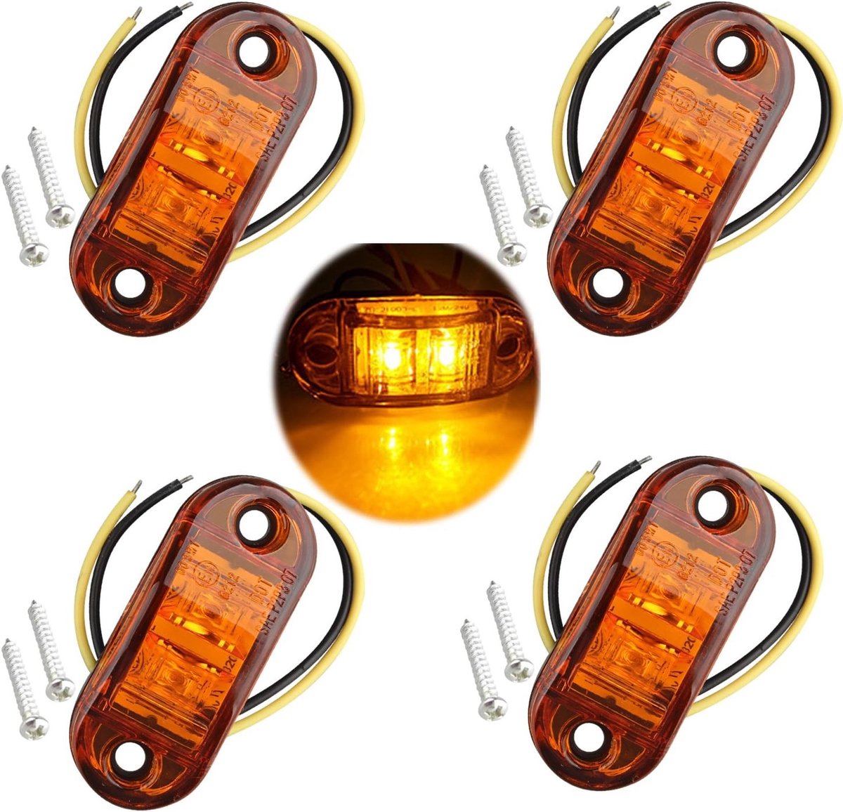 Set van 4 Stuks IP65 12V/24V Ovale LED Zijmarkeringslampen voor Voertuigen, Aanhangwagens en Botens met Amber Lampen