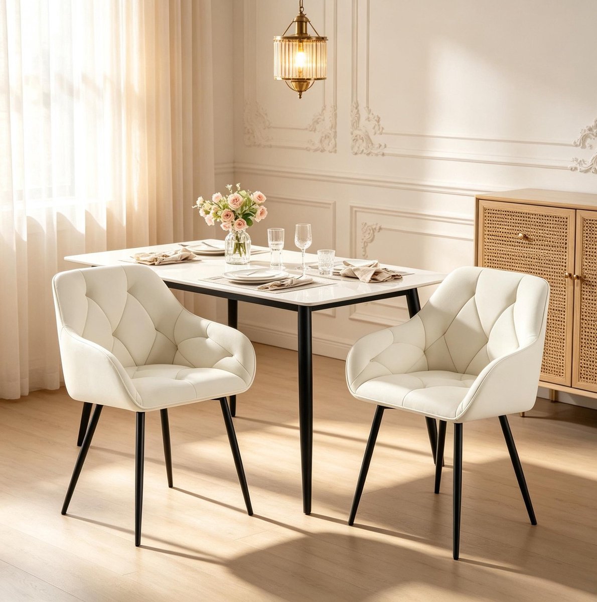 OKWISH Eetkamerstoel Set Van 2 45,5 x 45 x 83,5 Cm - Kuipstoel Met Armleuningen En Ergonomische Rugleuning - Velvet - Crème Voor Eetkamer En Woonkamer