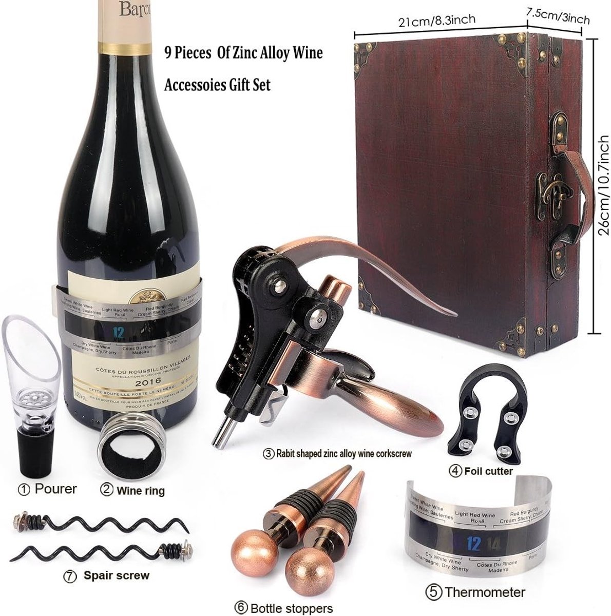 Wijnaccessoires Set - Stijlvol - 26 x 21 x 7,5 cm - Antieke Houten Kist - Voor Wijnliefhebbers