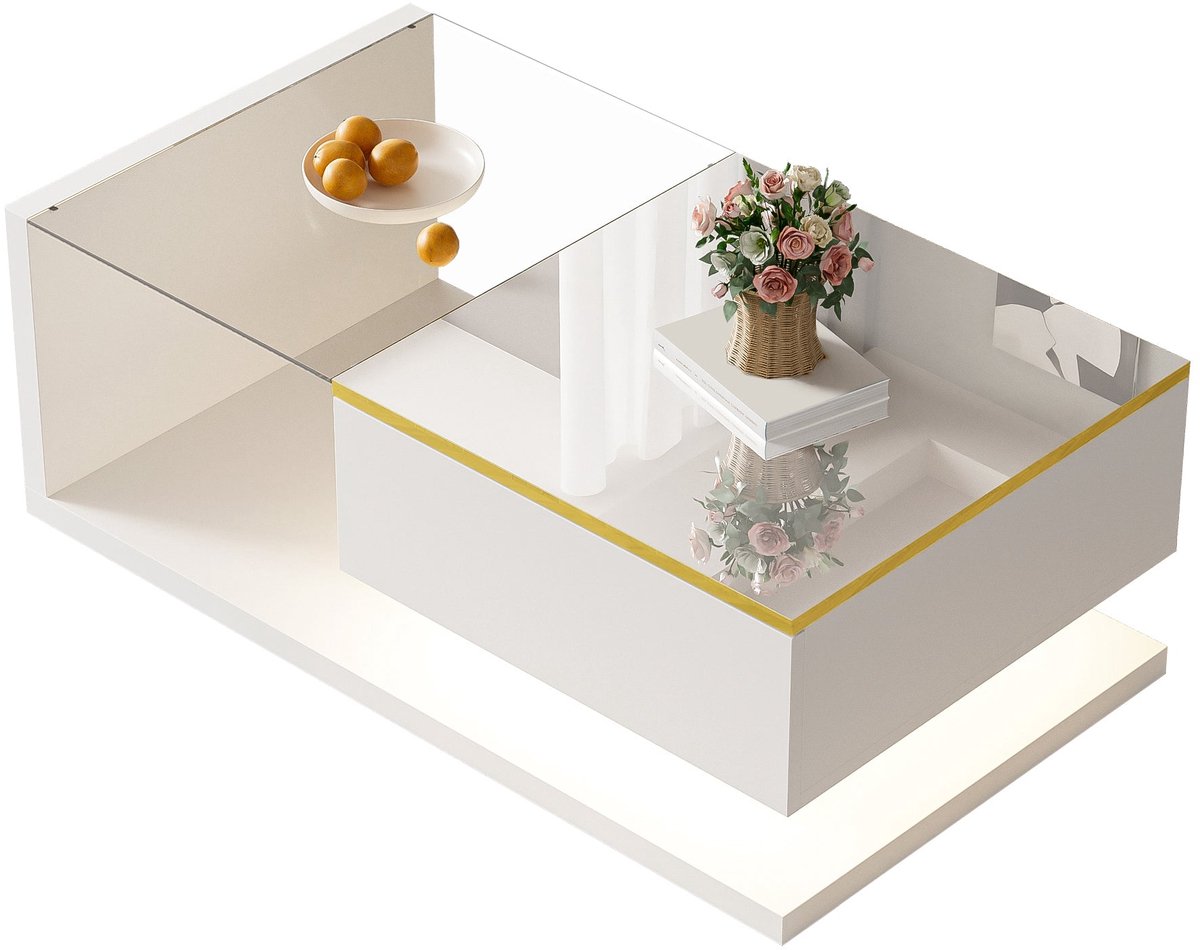 Merax Salontafel met LED-verlichting en Glazen Tafelblad – Hoogglans Wit – Met Opbergruimte – 90 x 50 x 32,5 cm