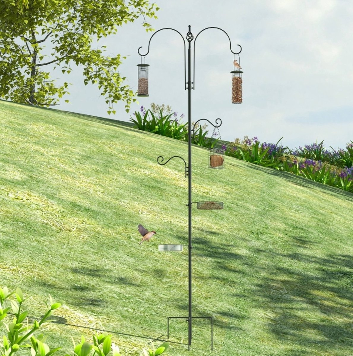 REDOM - Vogelvoederstation - Stalen constructie - 4 haken - Grondpin - Voor tuin en achtertuin - Metaal - Zwart - 208 cm
