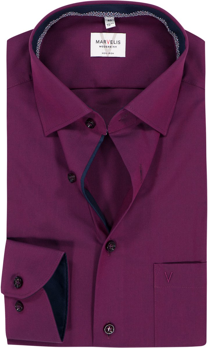 MARVELIS modern fit overhemd - popeline - bordeaux rood - Strijkvrij - Boordmaat: 46 (EU maat: XXL)