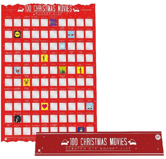 Calendrier rouge à gratter "100 Christmas Movies Scratch Off Bucket List" avec 100 cases à gratter, décoré de motifs de Noël.