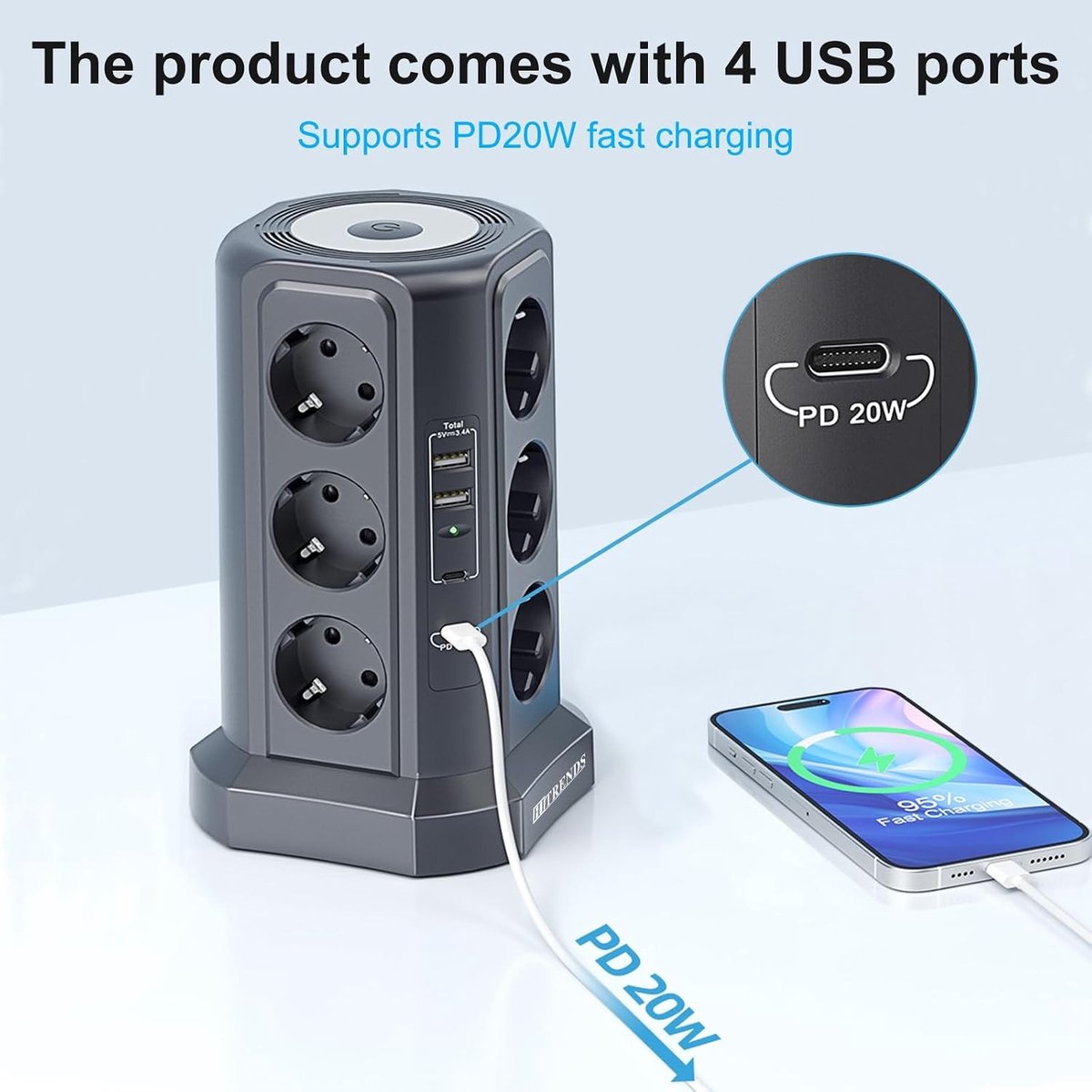 Stekkerdoos - Zwart - 1,8 m - 12 Stopcontacten met 2 USB-A en 2 USB-C - Voor Huishouden en Kantoor