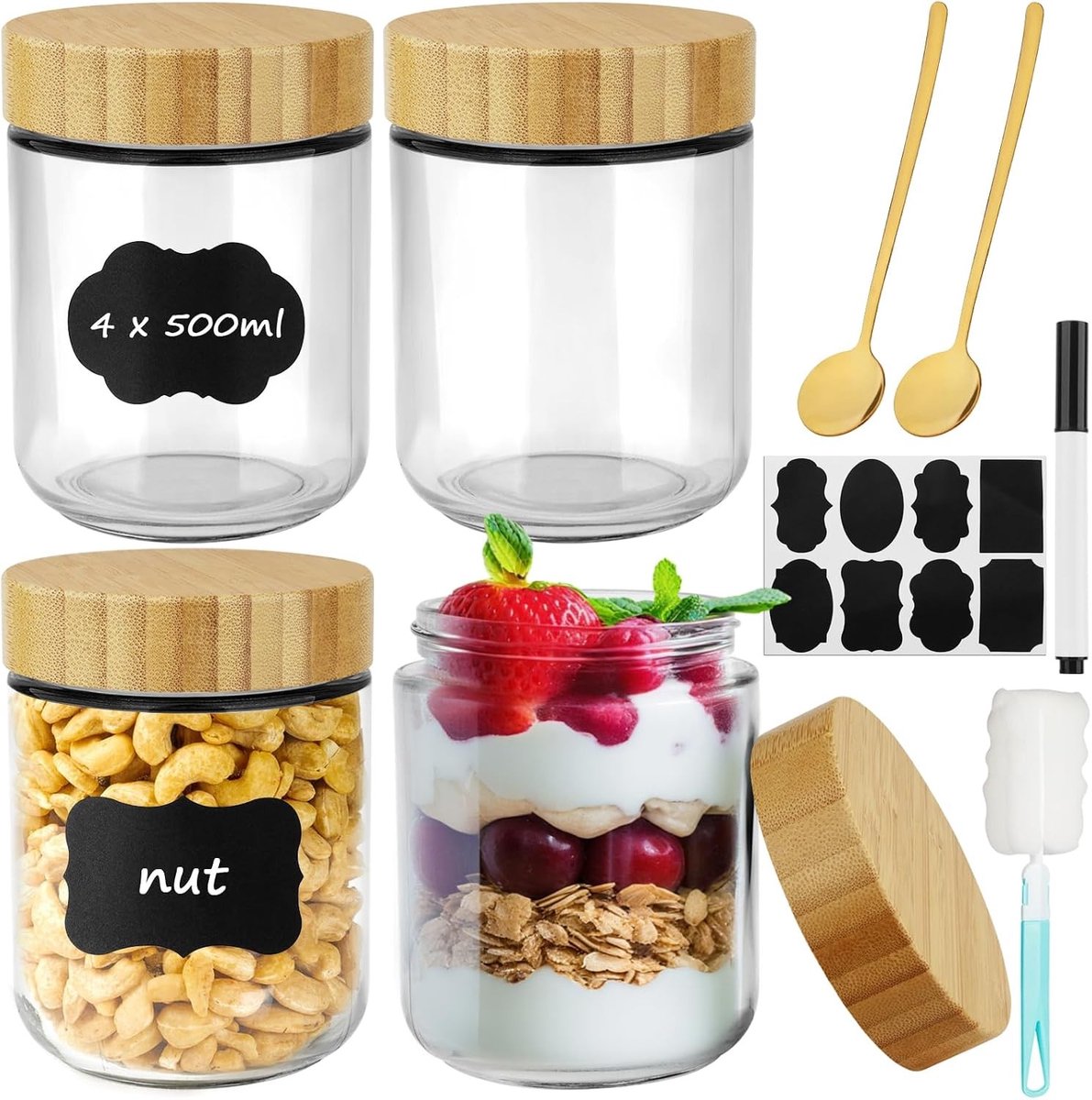 Overnight Oats Potjes Set - Transparant - 500 ml - Glazen Potten met Schroefdeksel - Voor Meal Prep
