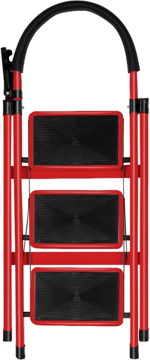 Trapladder Staal - Klapladder Opvouwbaar - Klus Werkzaamheden - Antislip Treden - 3 Treden - Rood