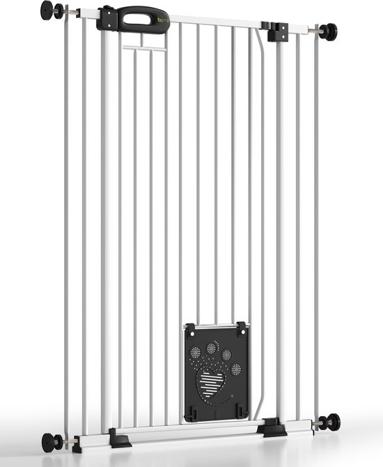 Wit traphekje met zwart handvat en een rechthoekige opening voor huisdieren.