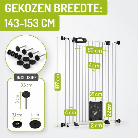 Wit traphek met kattenluik en afmetingen. Inclusief montageonderdelen.