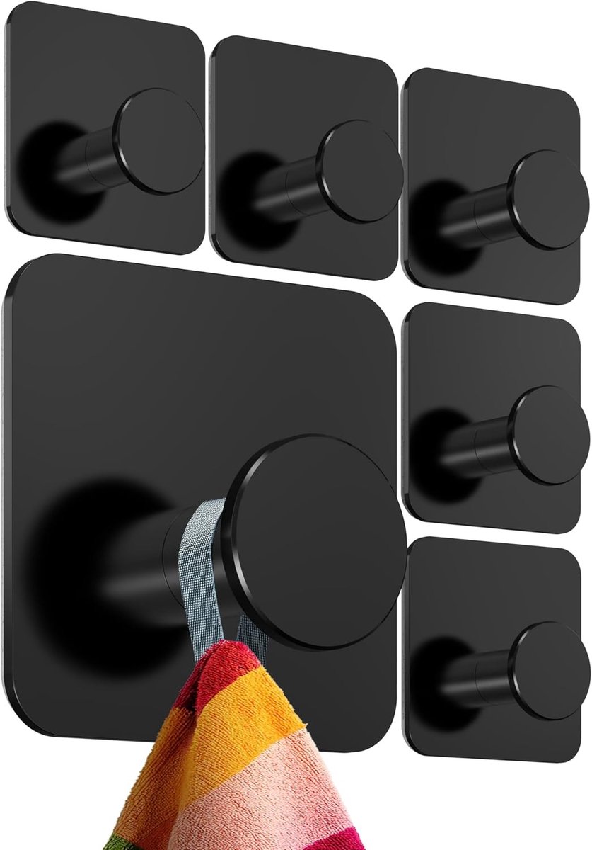 Handdoekhouder zonder boren - Zwart - Set van 6 - Roestvrij staal - Voor Badkamer