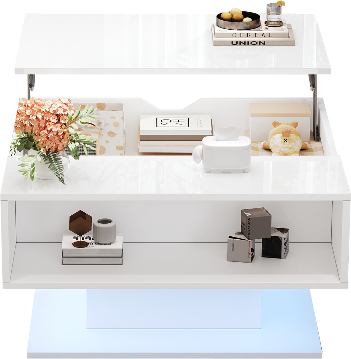 Ropilly Lift Top Salontafel - Salontafel Hoogglans - In Hoogte Verstelbaar - Met LED Verlichting - 40kg Draagvermogen - Woonkamer - 80x75x40cm - Wit
