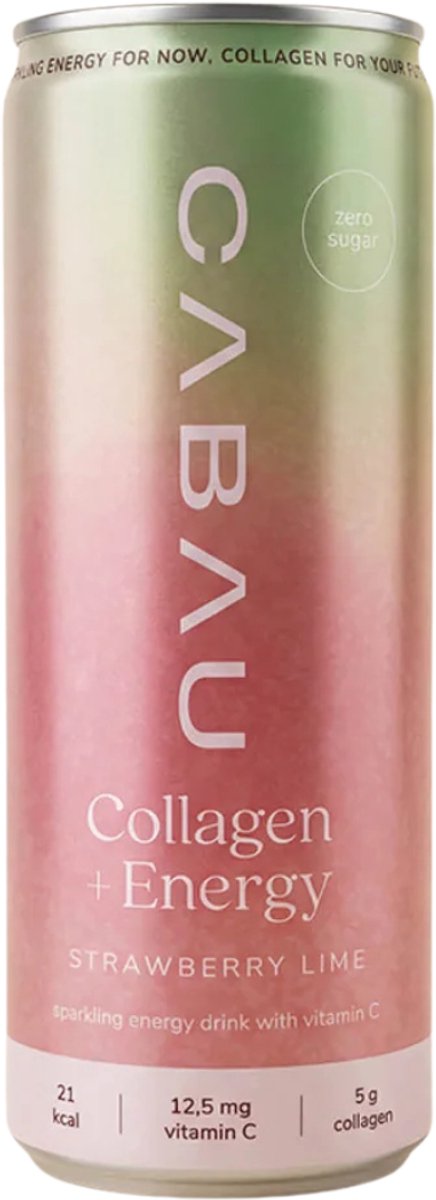 Cabau – Collagen+Energy – Strawberry Lime – Suikervrij Energiedrankje met 5 Gram Collageen & Vitamine C – 87,5 mg Cafeïne – 1 Blikje (250 ml)