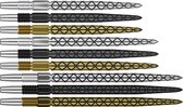 Een set van negen dartpunten in zilver, zwart en goud met diamantpatroon.