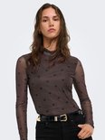 Bruine mesh top met zwarte hartjesprint. De halslijn is grijs.