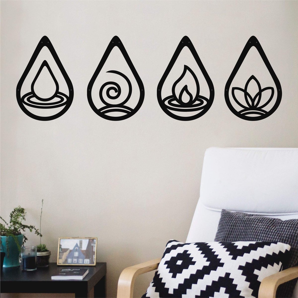 Famanu – Metalen wandkunst met vier elementen voor decoratie in huis, stijlvol en modern, geschikt voor elke kamer