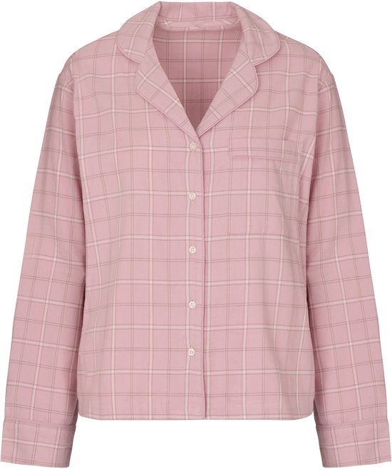 Roze pyjamashirt met lange mouwen, kraag, knopen en een wit ruitpatroon.