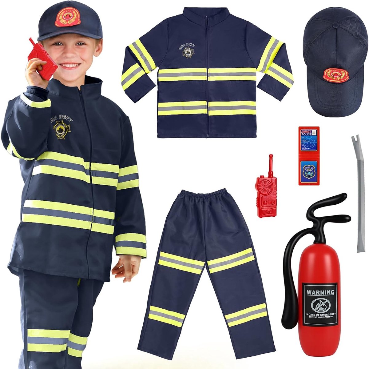 Kostuum voor Kinderen met Brandweermotief, 8-delig, Inclusief Accessoires voor Rollenspel, Brandbestrijdingseducatie, Geschikt voor 3-9 Jaar