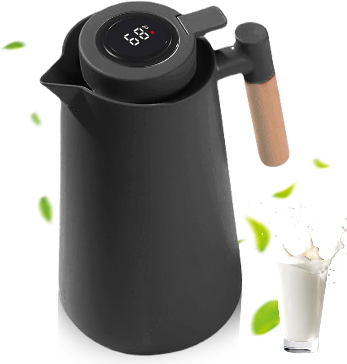 Thermoskan - Zwart - 1 liter - Met Temperatuurweergave en Houten Handvat - Voor Thuis en Kantoor