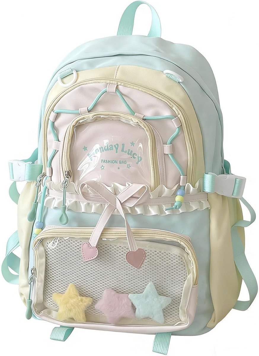 Meisjesrugzak - Rugzak - Dagrugzak met transparante vakken - Met ruches, strik en sterhangertjes - Voor tieners - Voor terug-naar-school en dagelijks reizen - 43x30x15cm,Groen
