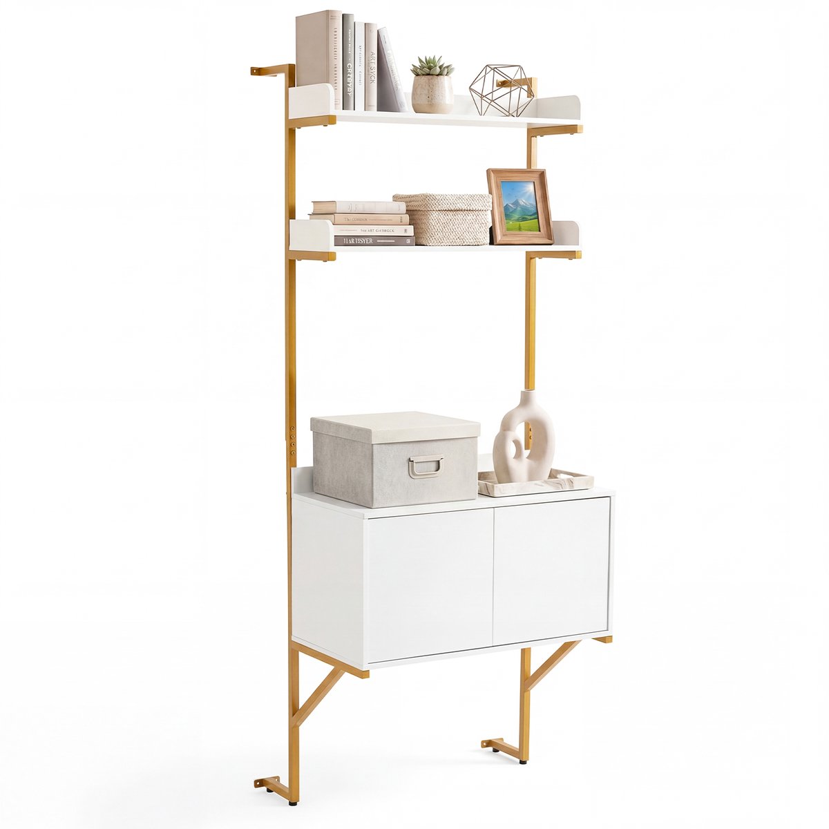 COSTWAY Ladderrek Wandmontage, Boekenrek met 2 open planken, Kast & dubbele deuren, Wandrek Metalen frame, ruimtebesparend staand rek voor woonkamer & kantoor, Wit