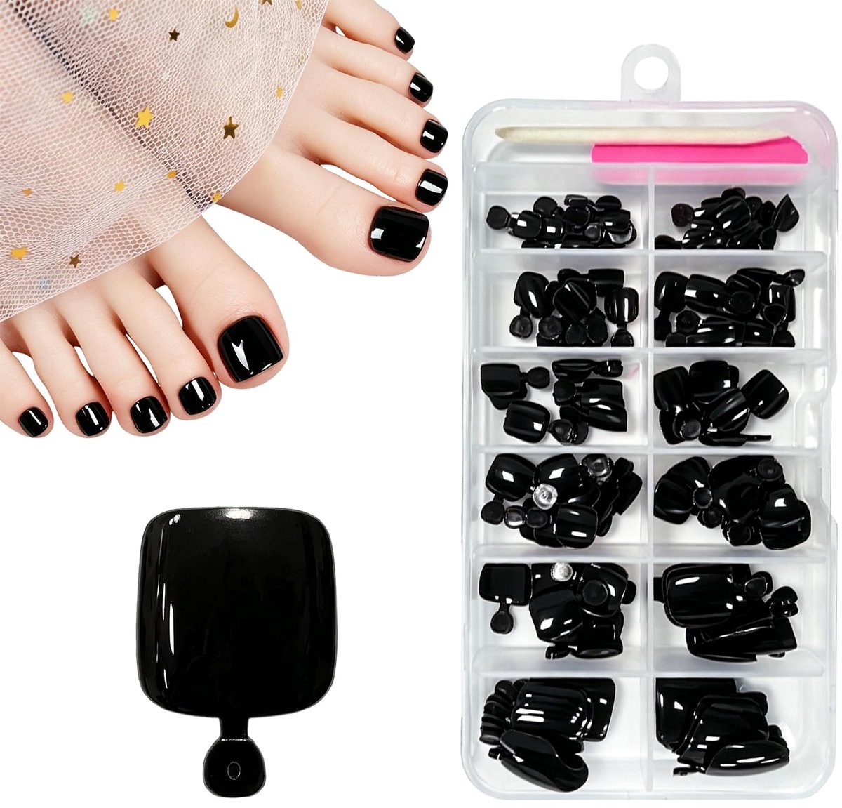 ZAHRVIA Kunstnagels voor tenen, kort, 120 stuks in 12 maten, vierkant, effen zwart, volledige dekking, opplakteennagels - ShopVlot