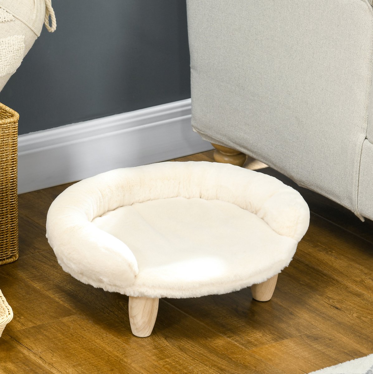 REDOM - Dierenbank - Afneembare hoes - Verhoogd ovaal ligbed met houten poten - Antislip voetdoppen - Voor kat en kleine hond - Hout - Crèmewit - 47 x 40 x 20 cm