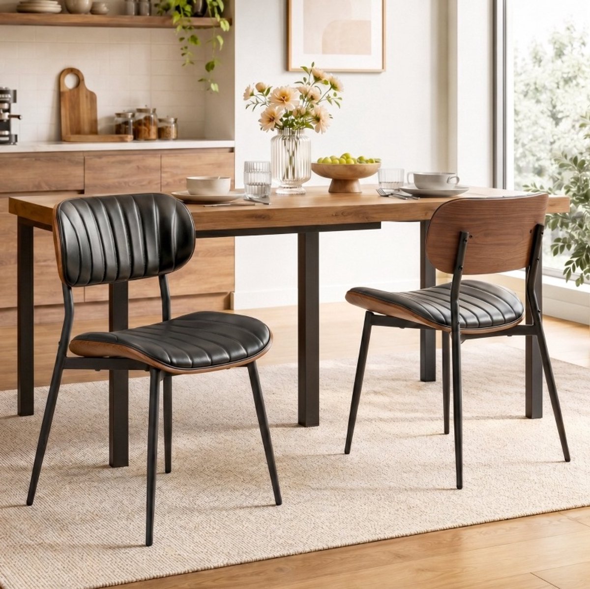 STILVORA Eetkamerstoel Set van 2 - Ergonomische Gebogen Rugleuning Met Zitting Van Kunstleer - Voor Eetkamer En Keuken - Hout En Metaal - Zwart