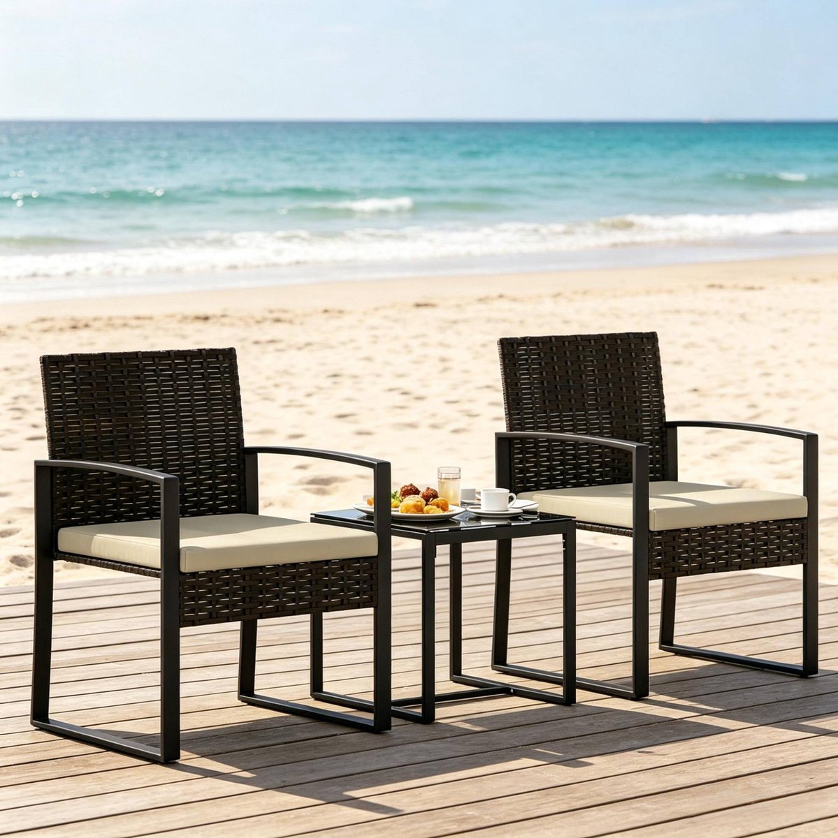 Bistroset 2 Personen - Compacte Tuinset Met Kussens - Voor Balkon, Terras En Veranda - Polyrattan, Glas En Staal - Zwart, Khaki, Bruin
