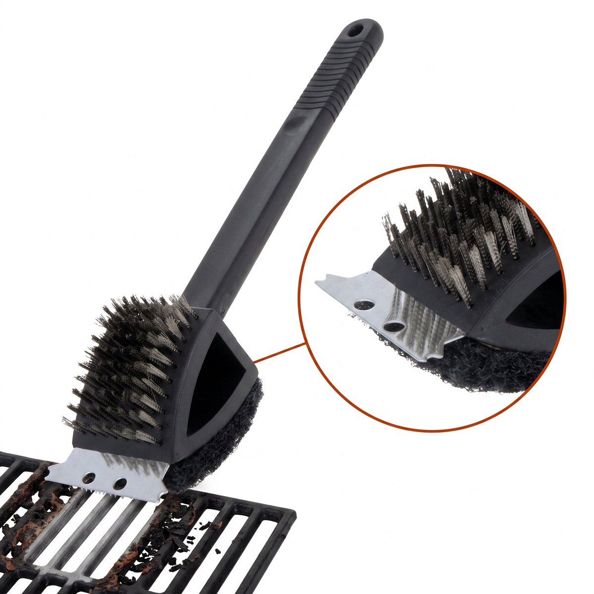 Cheqo® BBQ Borstel 3 in 1 Zwart - Barbecueborstel - Grillborstel - Reinigingsborstel - Schoonmaakborstel - Staalborstel - Roosterborstel - BBQ Schraper - Schuurspons - Grillreiniger - Krabber - Barbecue Reiniging - Borstel voor Grillrooster
