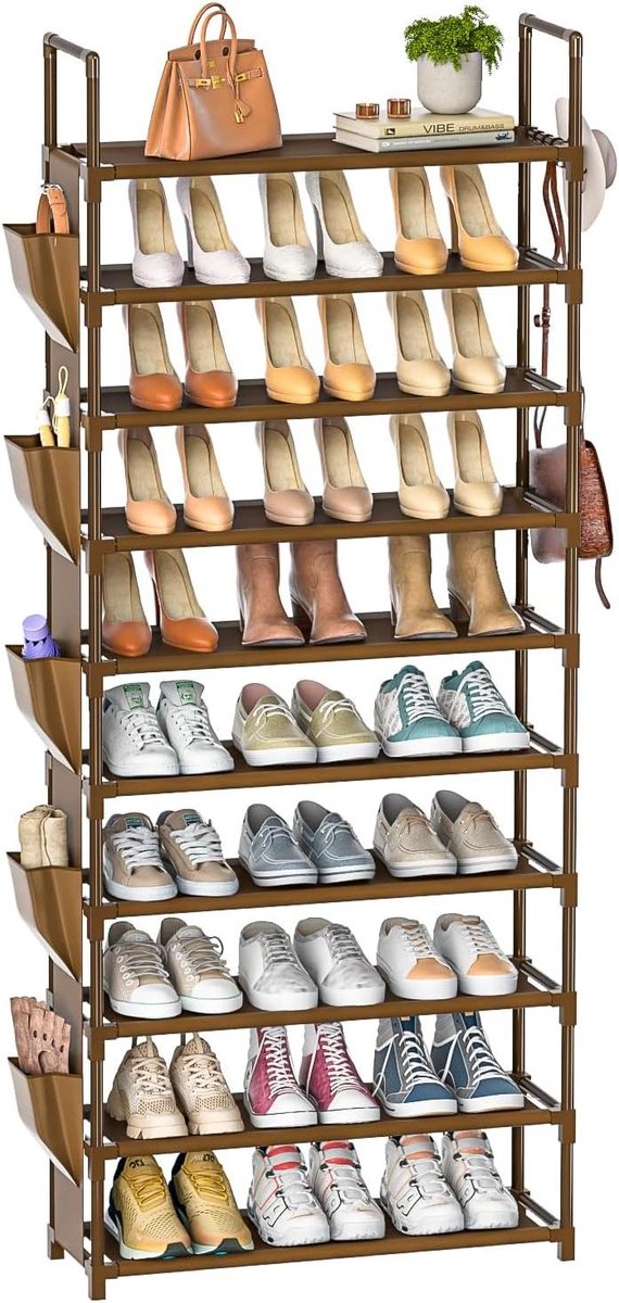 Hoog schoenenrek - Schoenen organizer - Schoenen opbergen - Met 5 haken - 10 niveaus - Bruin