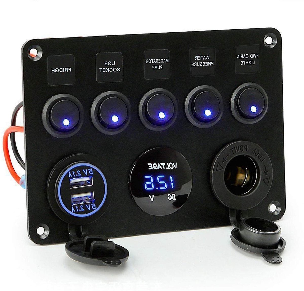 Schakelpaneel met USB - Paneel met voltmeter - Voertuig opladen - 5 Schakelaars - 15 x 10.5 x 8 cm
