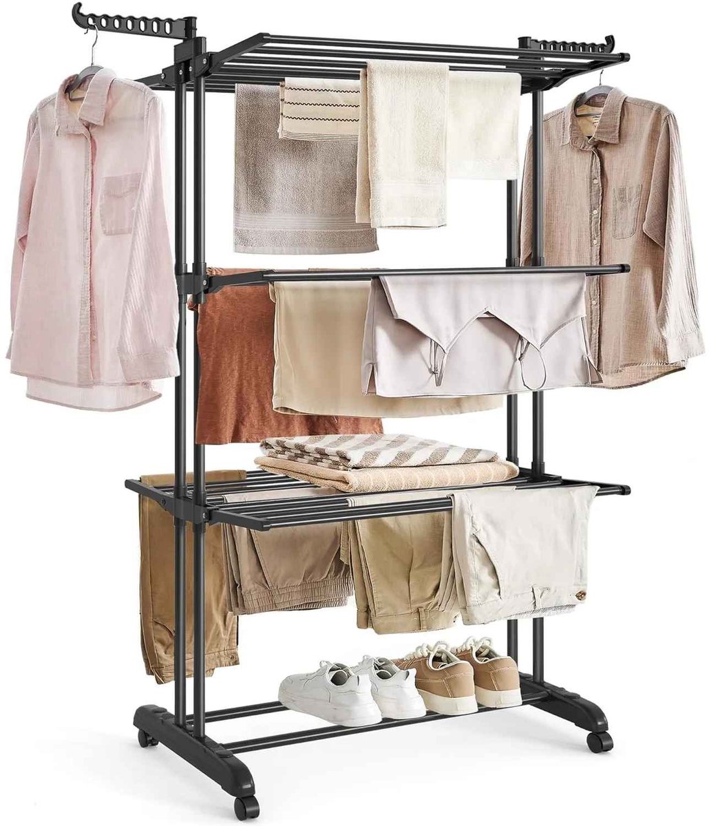Casa Living Kledingdroger - 4-Laags Kledingrek Met Wielen - Opvouwbaar Design - Grote Capaciteit tot 35KG - 64x75x170CM - Zwart