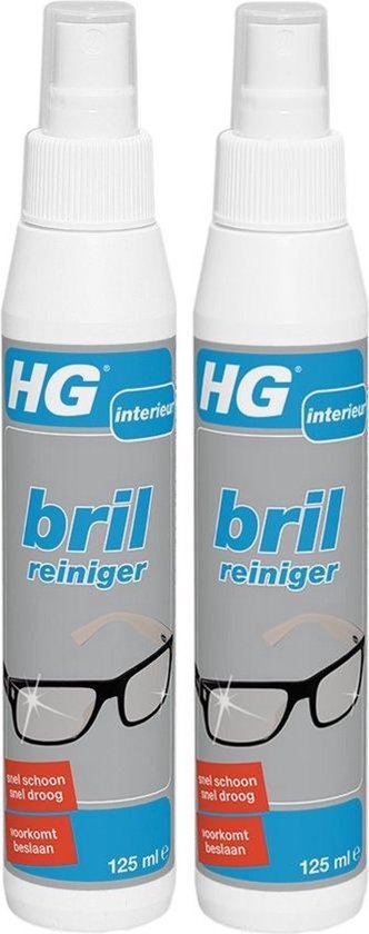 Twee flessen HG brillenreiniger, 125 ml per stuk. Met afbeelding van een bril.