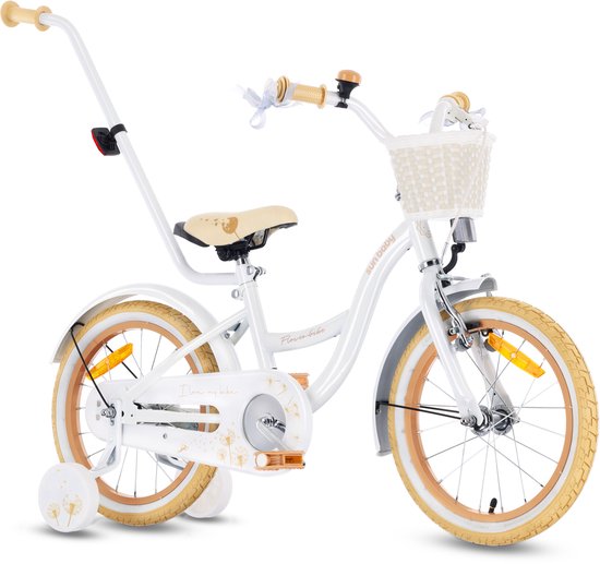 Flower Bike Fiets voor een meisje van 4 tot 6 jaar, 16 inch Wit Beig, met fietsbel, zijwieltjes, duwstang en stuurmandje van Popal — afbeelding 4