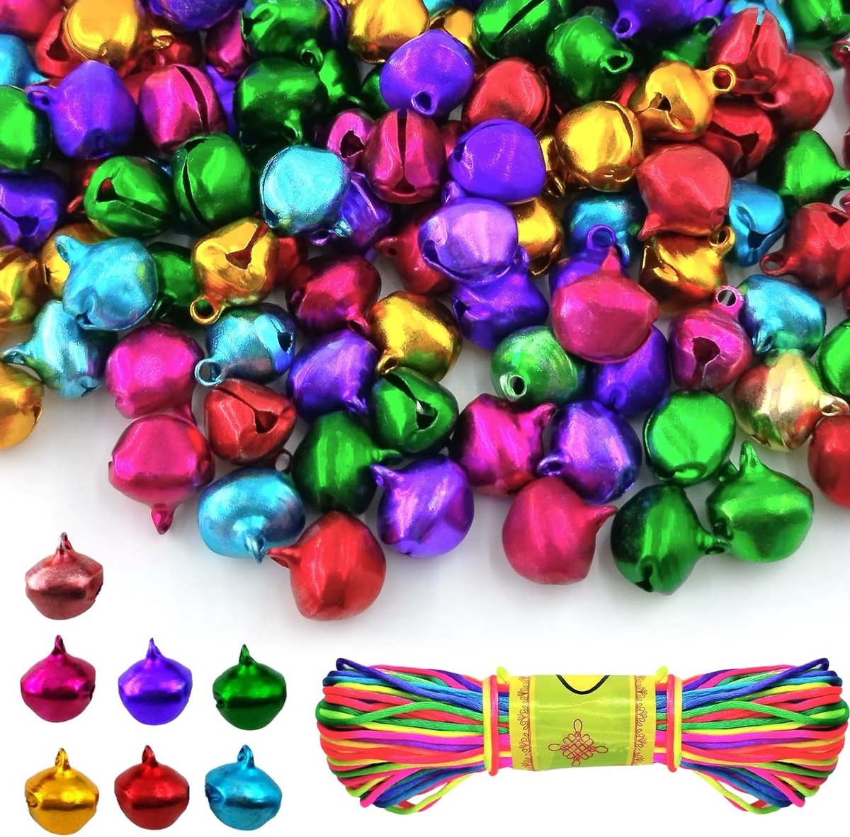 150 Stuks Metaalbelletjes van 14mm met Oogjes en 20m Kleurrijk Touw voor Ambachten, Klokken en Feestdecoraties, Geschikt voor Sieraden en Hondenhalsbanden (7 Kleuren)