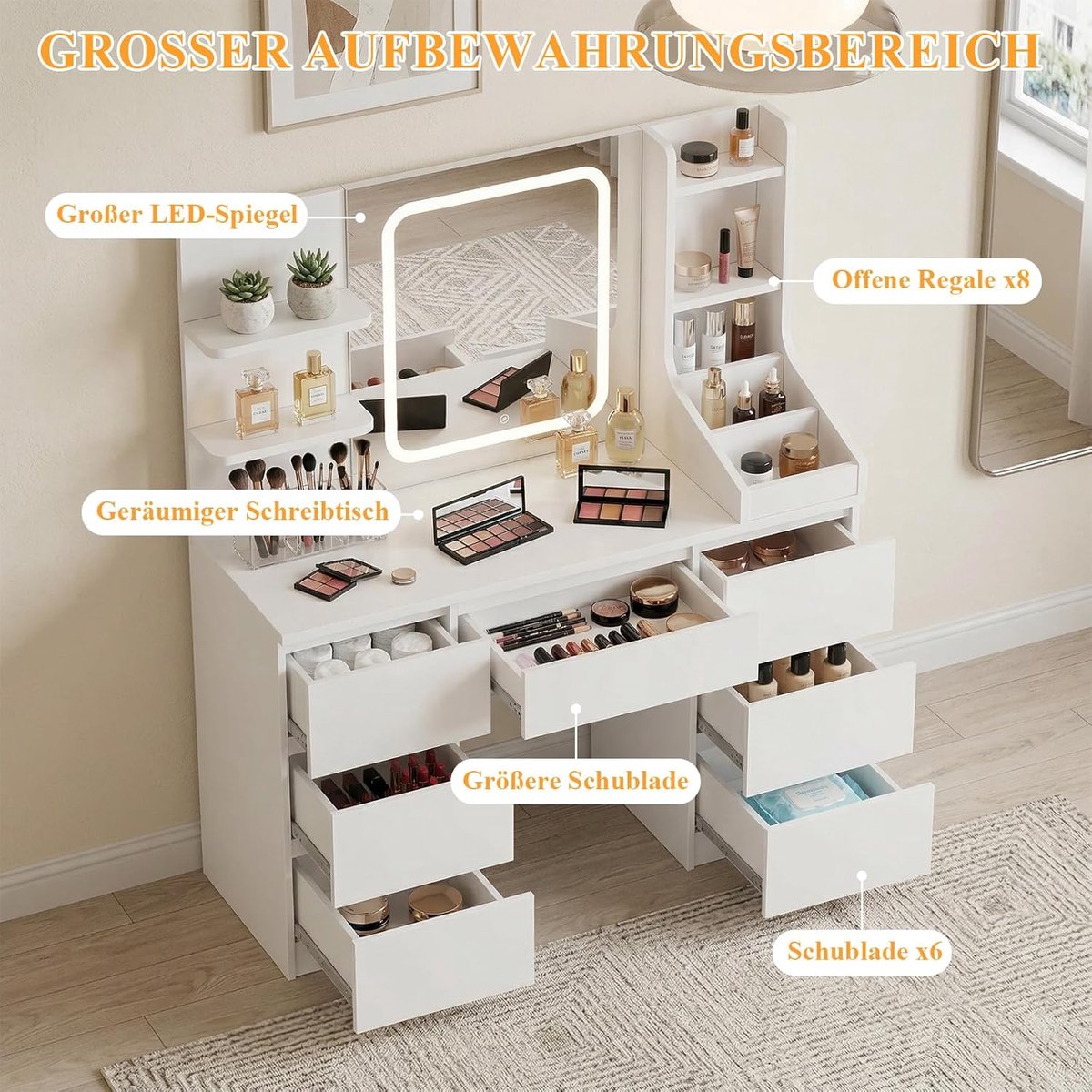 Make-uptafel met LED-verlichting en Extra Grote Spiegel – Kaptafel / Vanity Desk 110x40x139 cm – 7 Lades & 4 Open Planken – Dimbare Verlichting 3 Lichtmodi – 64x54 cm Spiegel – Modern Wit Slaapkamer Meubel – abtkantoor