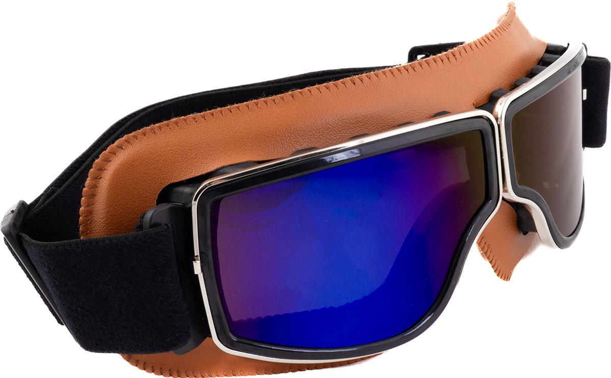KIMU® Goggles Motorbril Skibril - Bril Cognacbruin Montuur - Blauwe Spiegelglazen - Leatherlook Pilotenbril Vintage Motor Retro Steampunk Lederen Heren Festival