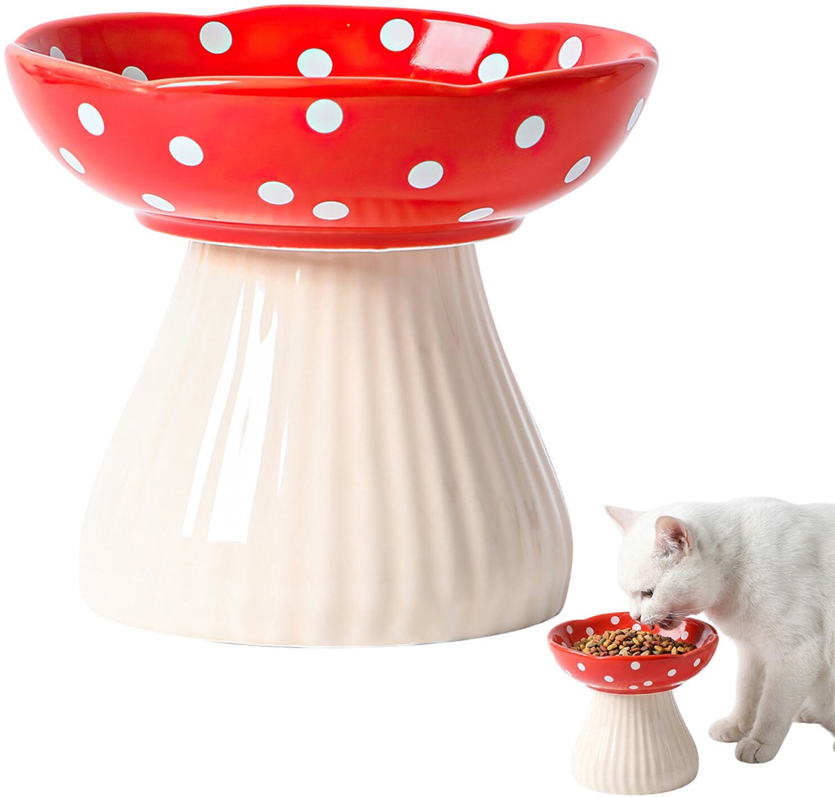 MAGICSHE Voerbak Kat Verhoogd Keramiek - Schattige Paddenstoel - Katten Eetbak Op Standaard - Voerbak Voor Kat En Kleine Hond Rood