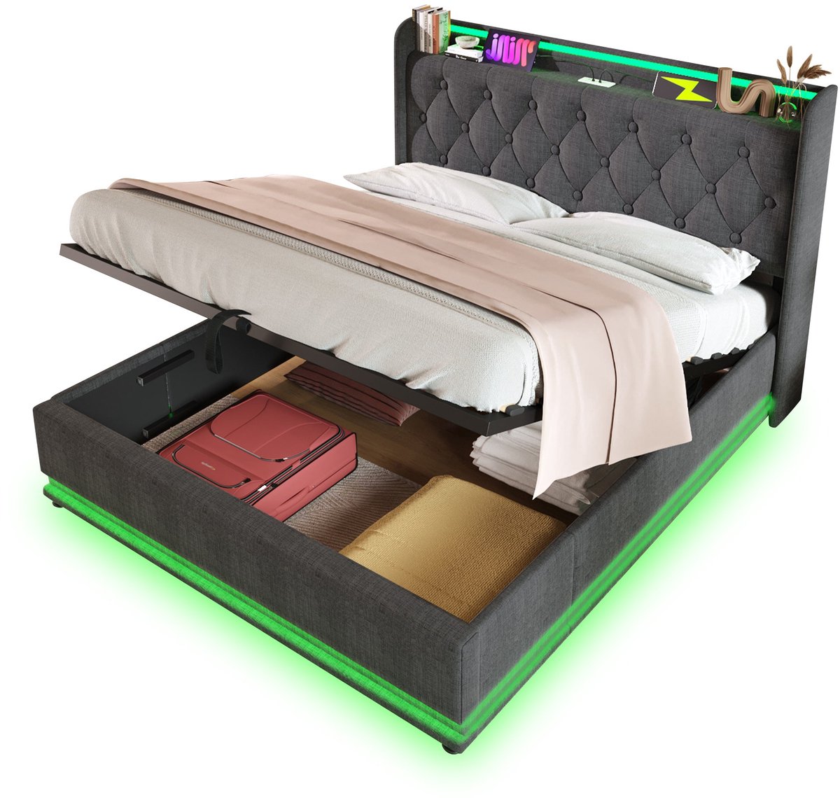 Merax Gestoffeerd Bed 140x190 cm - Bed met Opbergruimte - LED Verlichting met Afstandsbediening - USB en Type C Aansluiting - Grijs