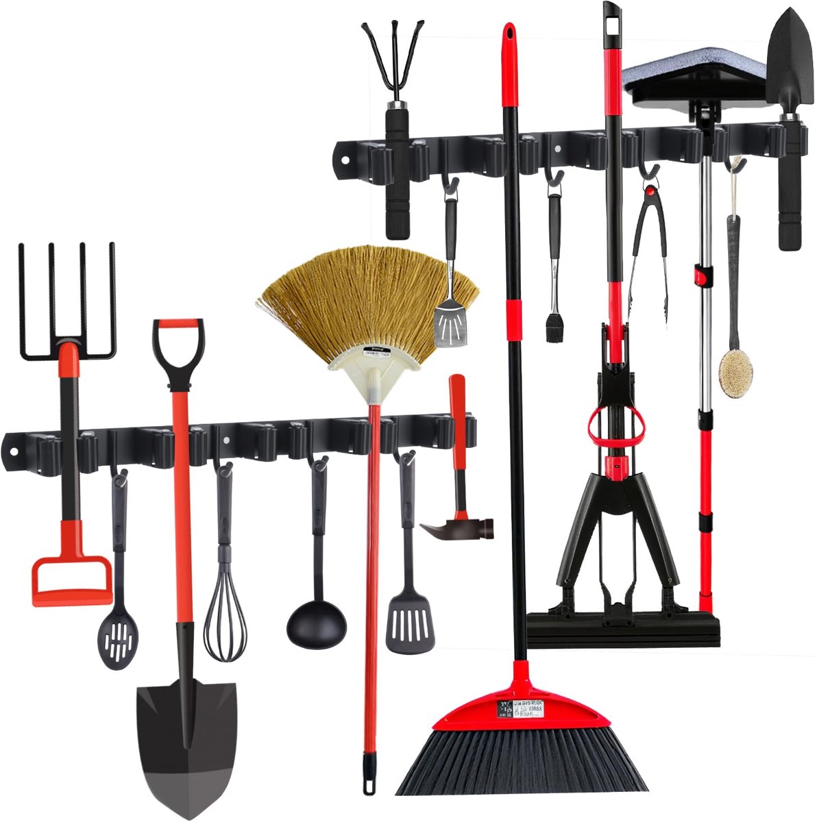 carmdering - Bezemhouder - wandhouder set 2 stuks met 10 houders + 8 haken - roestvrij staal - zelfklevend - voor tuin- en schoonmaakgereedschap - zwart