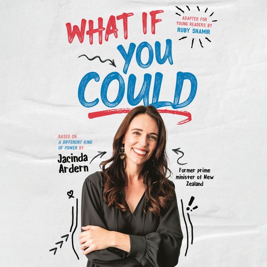 Jacinda Ardern, voormalig premier van Nieuw-Zeeland, lacht naar de camera. De tekst "WHAT IF YOU COULD" is groot boven haar geschreven.