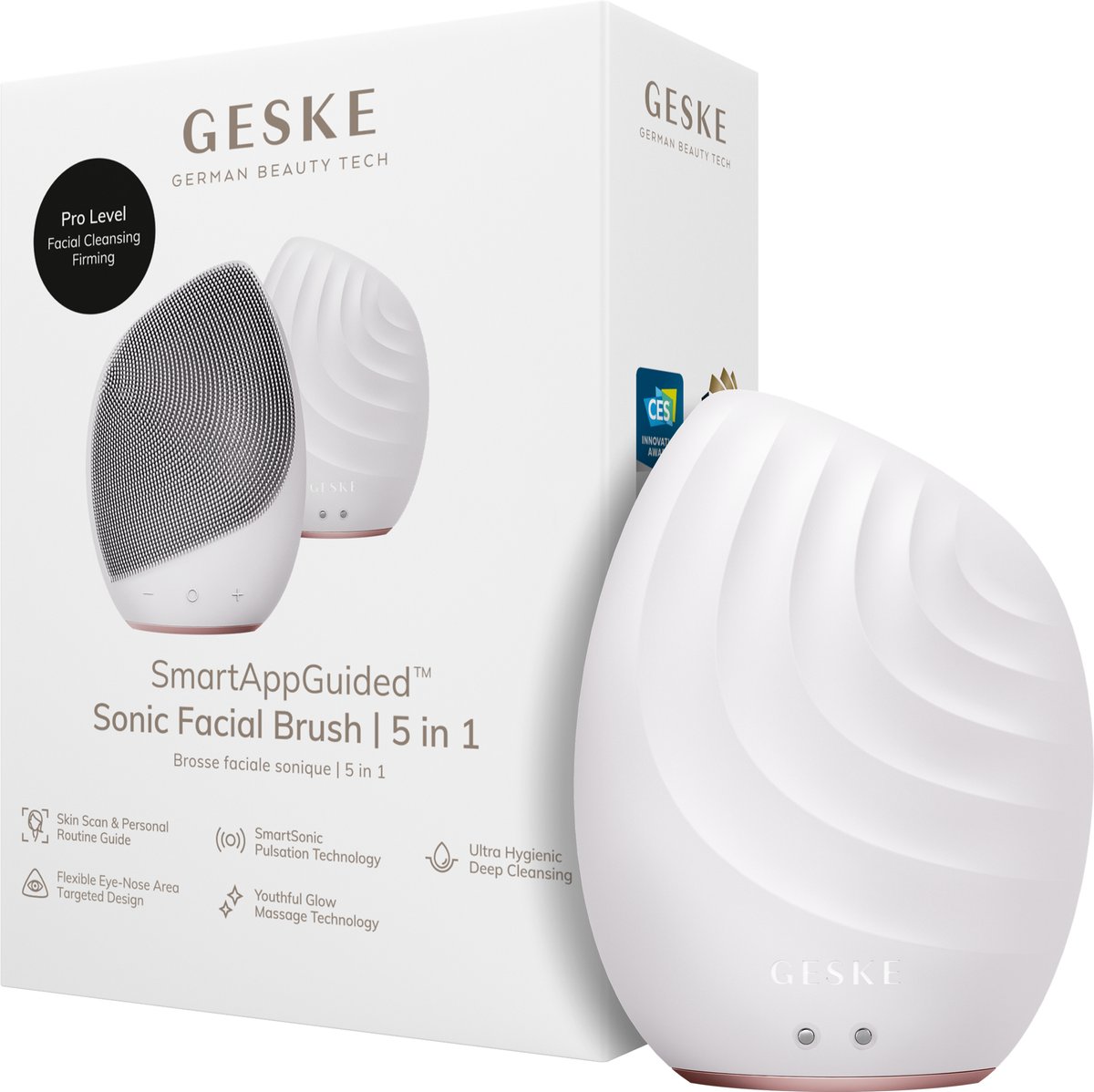 GESKE | SmartAppGuided™ Facial Brush 5 in 1 | Elektrische gezichtsreinigingsborstel | Zachte siliconen borstel | Professionele gezichtsreiniging | Gezichtsreinigingsapparaat | Gezichtsmassager
