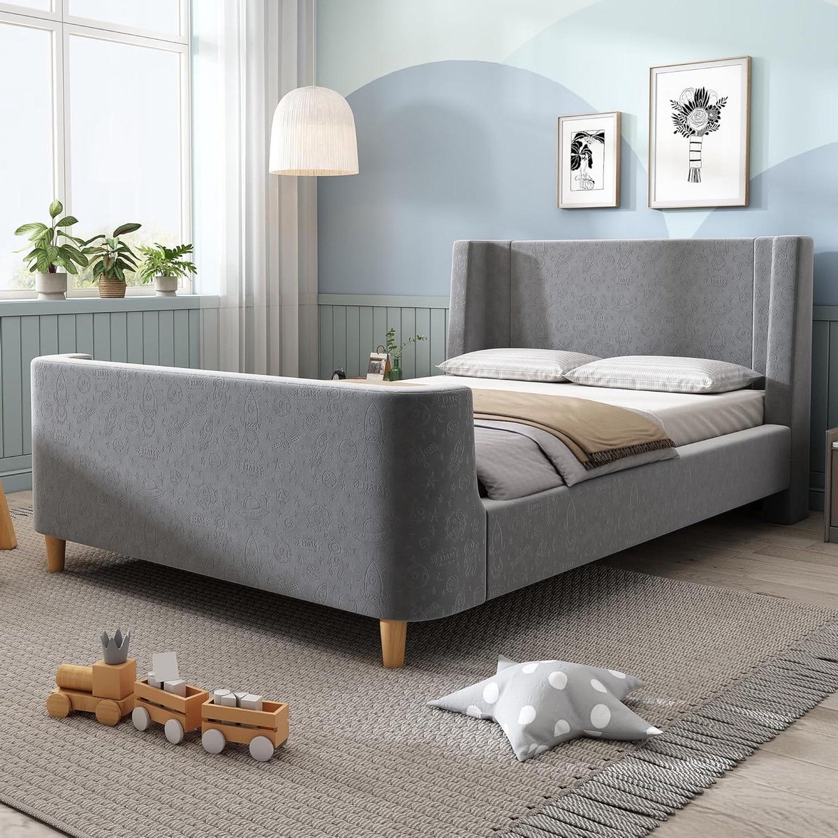 Kinderbed Gestoffeerd - Jongensmeisjesbed Slaapmeubel - Veilige Slaapplek - Kosmisch Patroon Ontwerp - 90 x 200 cm - Grijs