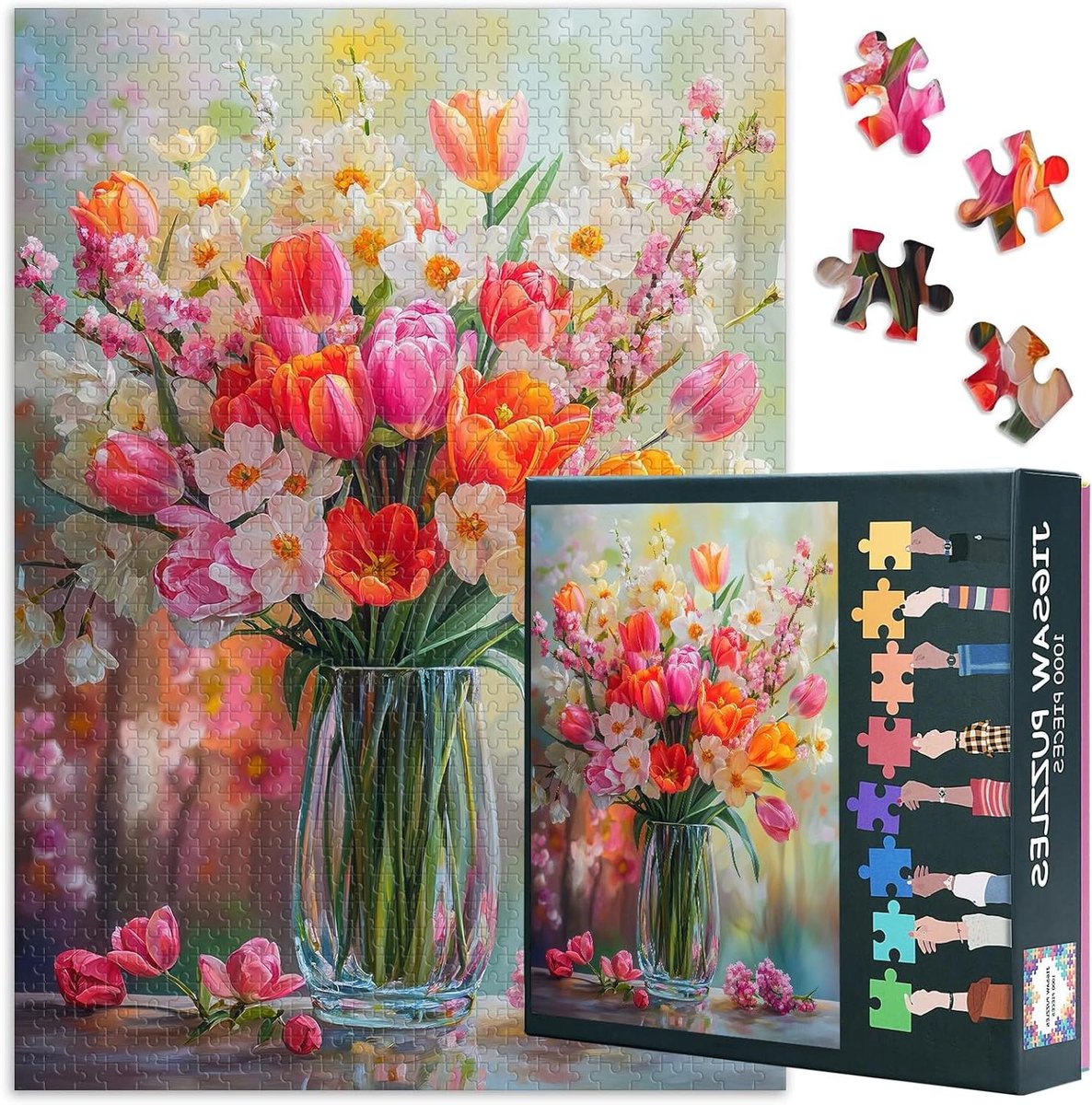 Bloemenpuzzel Volwassenen - Tulpen Kunst - Ontspanning en Decoratie - 1000 Stukjes - 70x50 cm - Vaas Kleuren