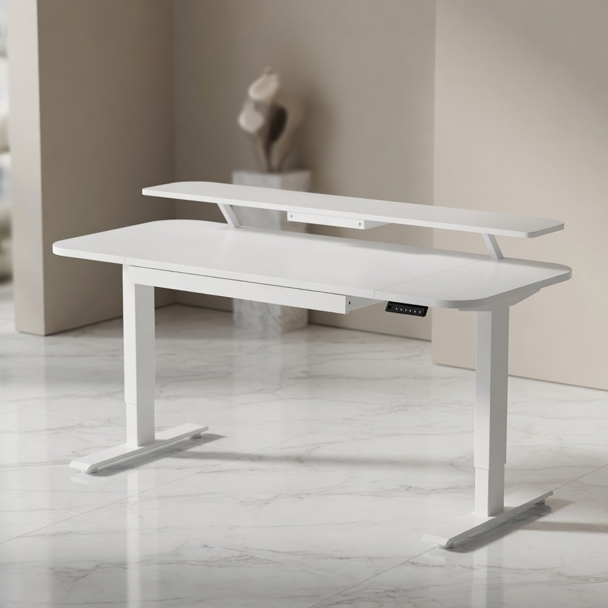 Mobili Bella Elektrisch Zit-Sta Bureau ComfortLift Pro 120x60 cm – In Hoogte Verstelbaar Bureau met Lade, Monitorstandaard, Tabletstandaard, 3 Geheugenstanden, Kabelmanagement & Stabiel Stalen Frame – Wit