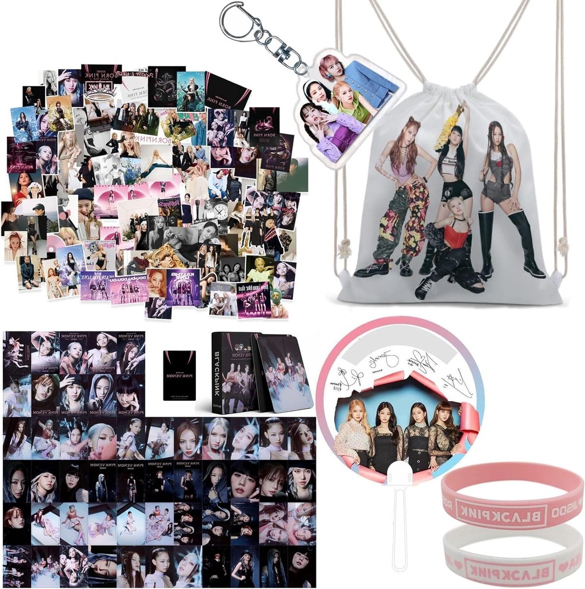 Zwarte Rugzak met Kpop Stickers, Sleutelhanger, Armband en Foto Kaarten voor Fans van Blackpink