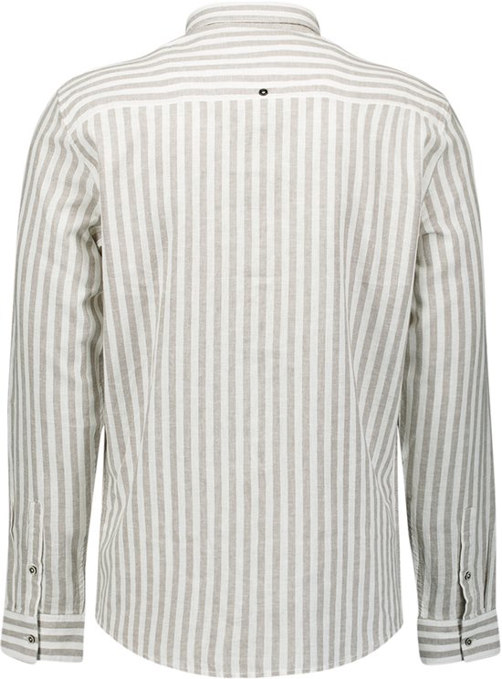 Achterkant van een beige overhemd met verticale, brede witte en taupe strepen.