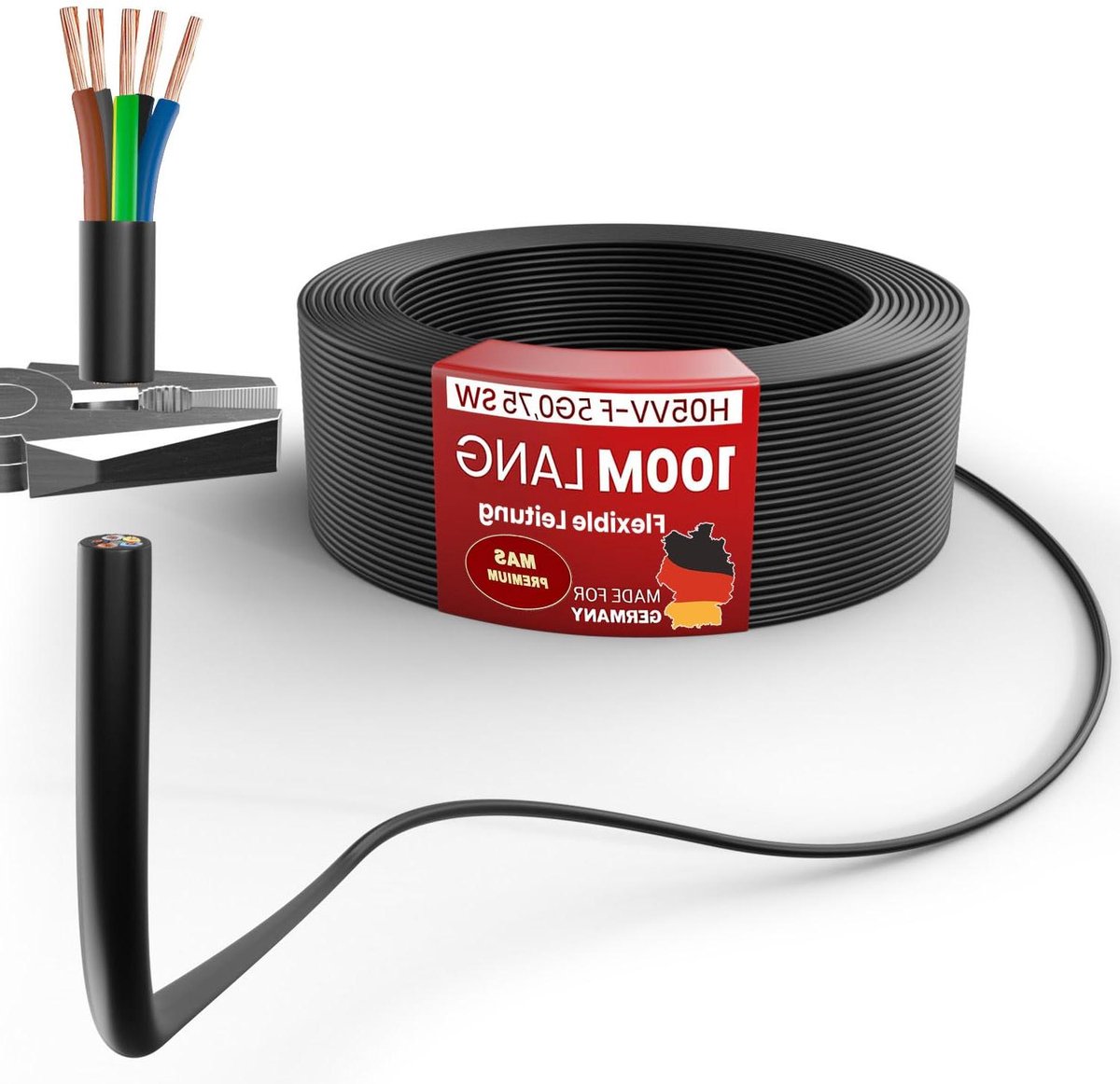 Flexibele Kunststof Kabel - Elektrische Draad H05VV-F - Vaste Installatie Binnen - 5 Gekleurde Draden - 100 Meter - Zwart